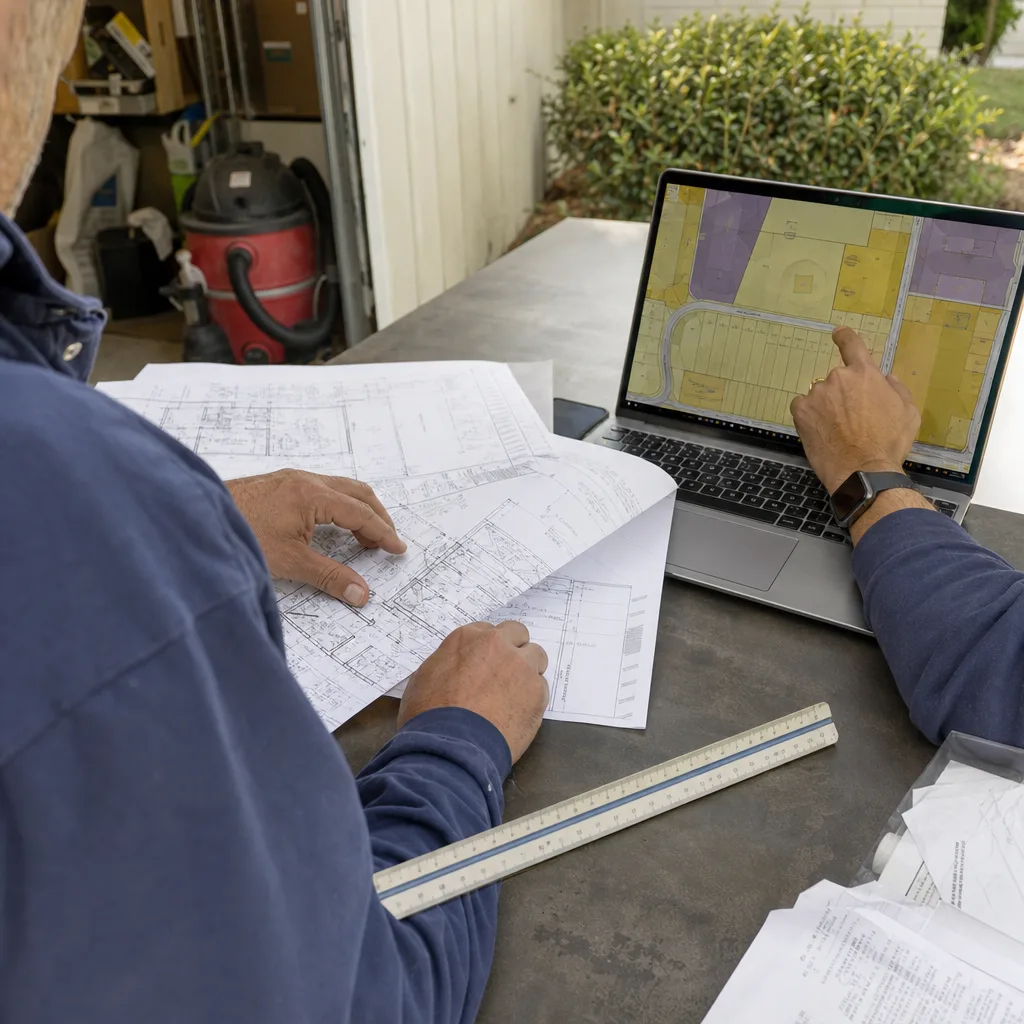 Architects reviewing ADU design plans and land maps for permitting