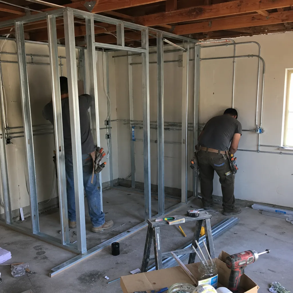 Contractors installing metal framing and electrical conduit for a garage conversion