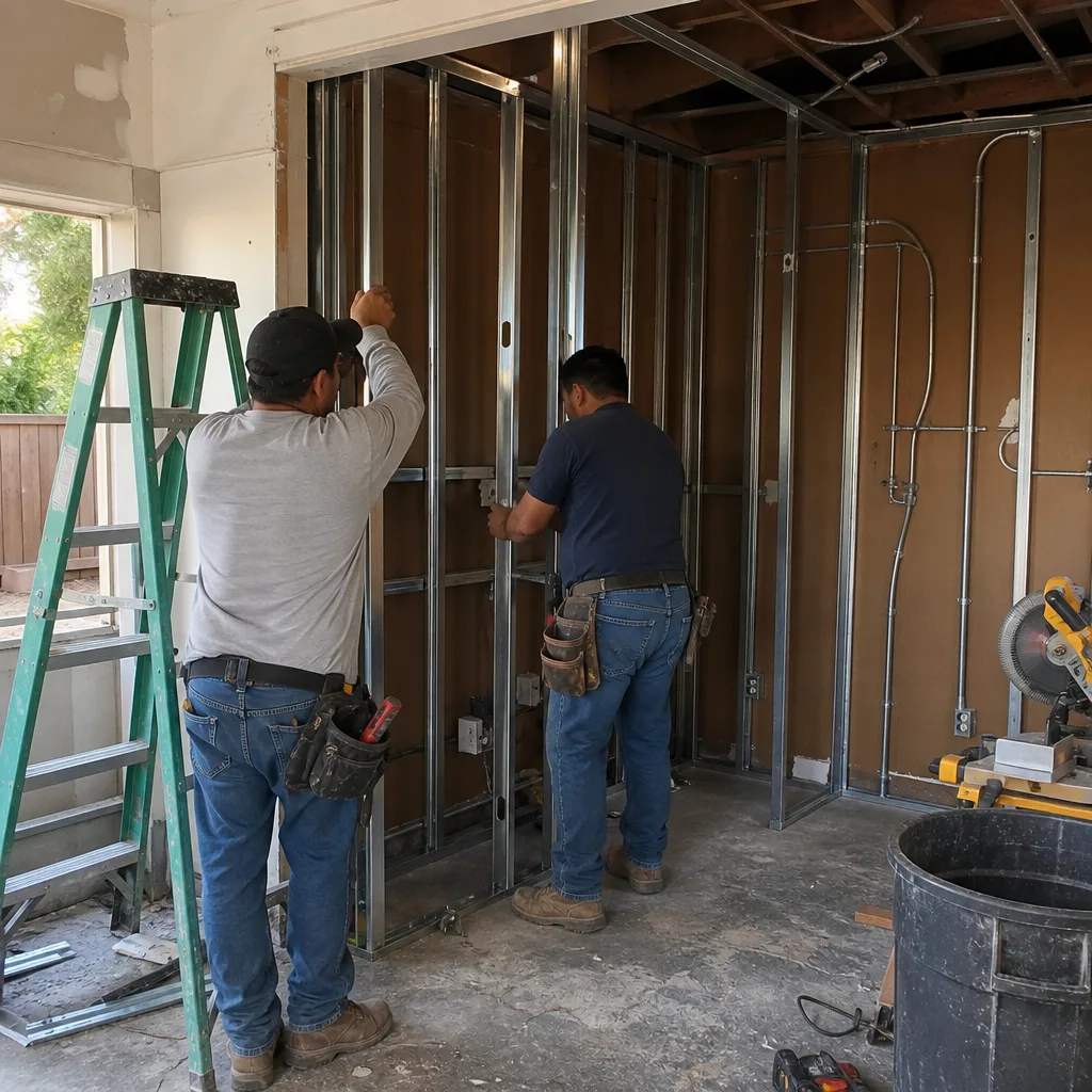 Contractors installing metal wall studs for a garage conversion ADU
