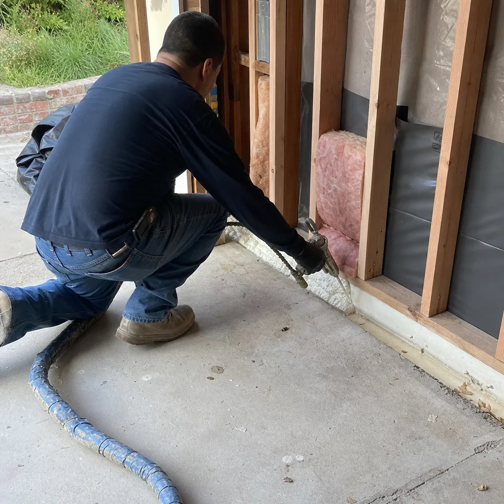 Contractor applying spray foam insulation for garage conversion ADU