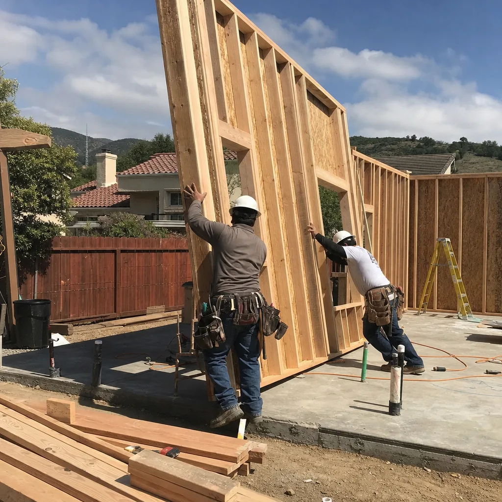Two construction workers installing a wood-framed wall for a new ADU