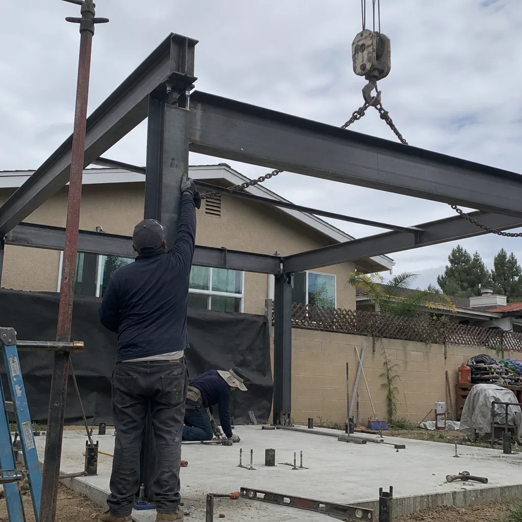 construction crew installing steel beams for a detached accessory dwelling unit
