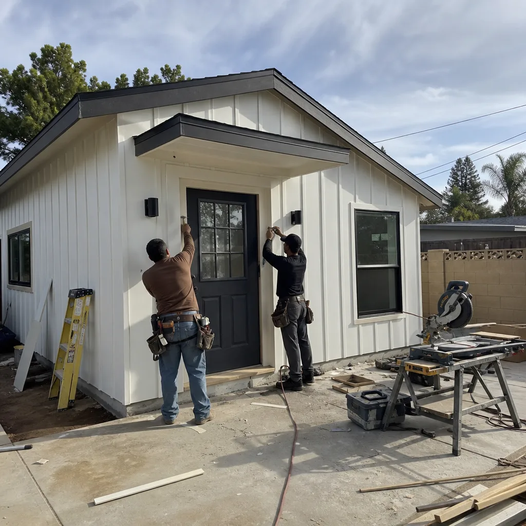 Two construction workers finishing the exterior trim of a modern detached ADU